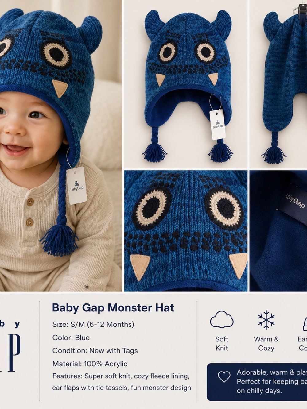 GAP Blue Monster Earflap Knit Hat with Tassels